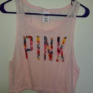 PINK Cropped Lace Floral Tank Top